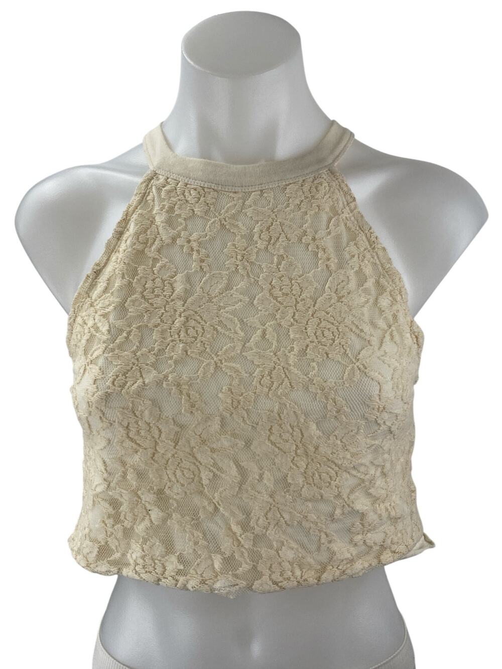 ZARA Cream White Floral Lace Sleeveless Halter Cami Crop Tank Blouse Top Size S